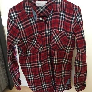Red, white and blue flannel with jean accents